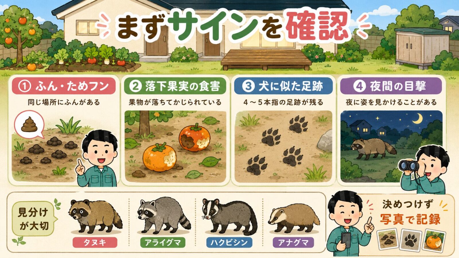 タヌキが庭を荒らすときに確認したい、ふん、落下果実、足跡、夜間の目撃などの被害サインを整理した図解