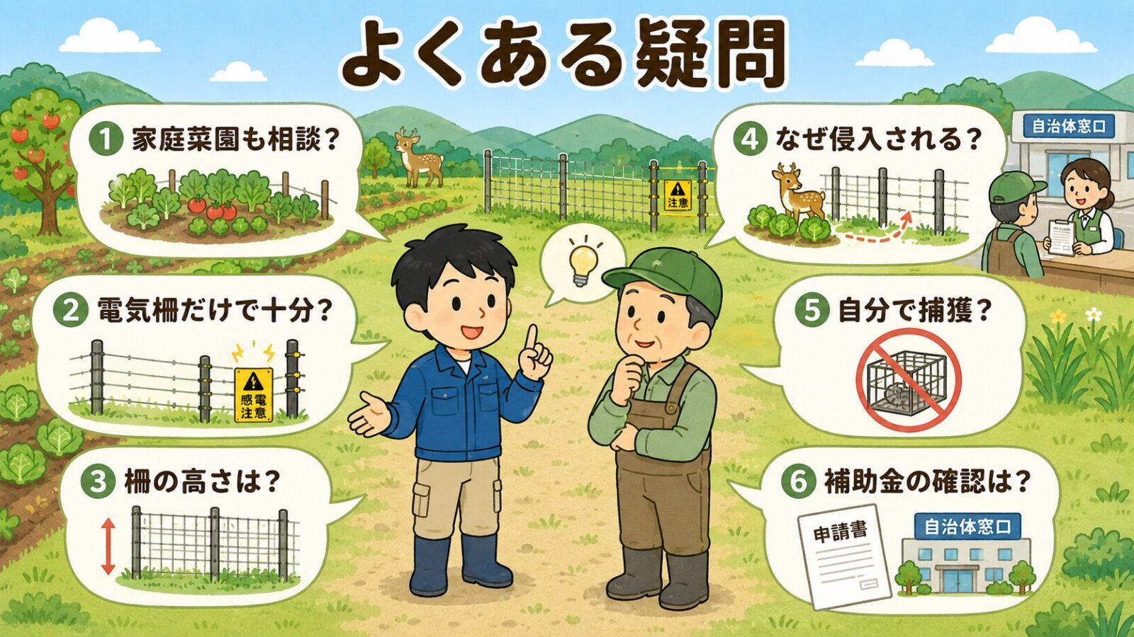 シカの農作物被害対策でよくある質問を、家庭菜園、電気柵、柵の高さ、侵入原因、捕獲、補助金で整理した図解