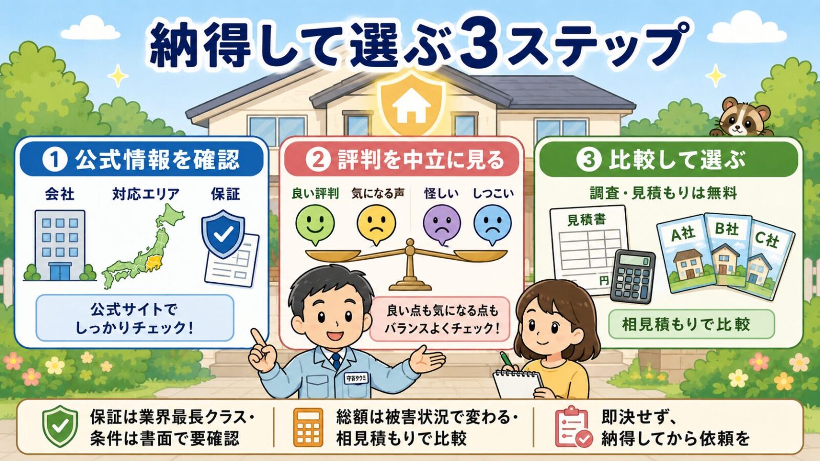 ハウスプロテクトのまとめ図。納得して選ぶ3ステップとして、公式情報を確認・評判を中立に見る・比較して選ぶの3つと、保証は業界最長クラスで要確認・総額は被害状況で変わる・即決せず納得してから依頼をという注意を守谷タクミと家主が示すいらすとや風イラスト。