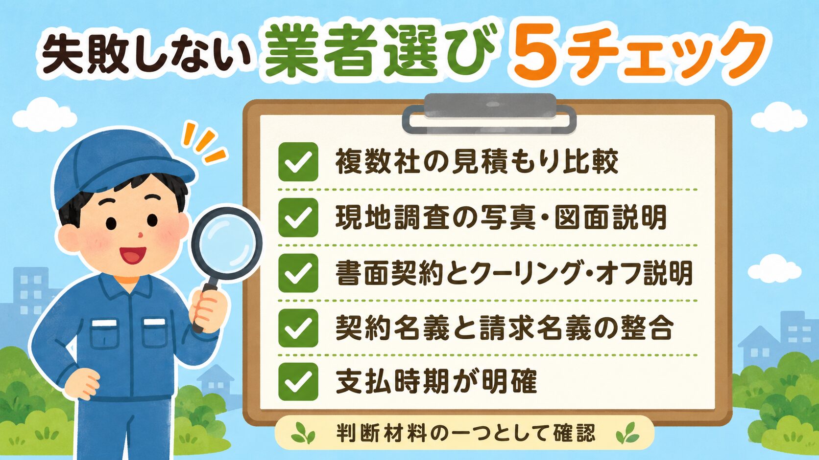 秩父市での失敗しない業者選び5チェック(判断材料の一つ)。複数見積もり・現地調査(写真・図面で説明)・書面契約・クーリング・オフ説明・契約名義・請求名義の整合・支払時期が明確の5項目をクリップボード形式で表現。緑のチェックマーク付きで虫眼鏡を持つ作業着男性キャラクターと併記。