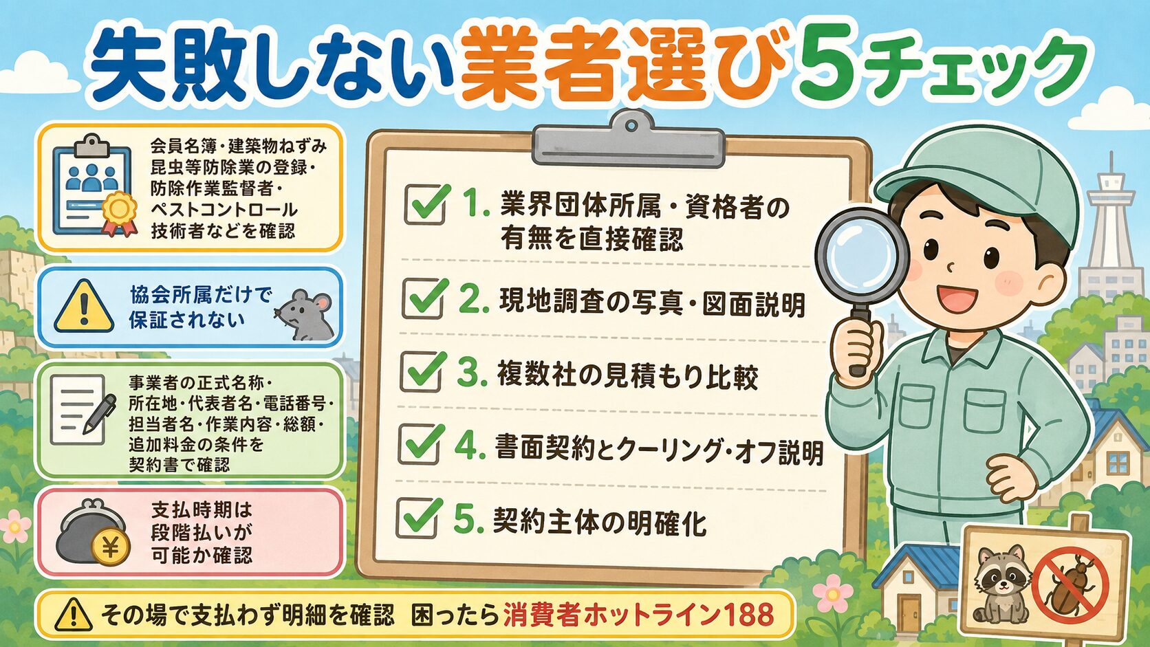 宇都宮市での失敗しない業者選び5チェック(判断材料の一つ)。<br><br>業界団体所属・資格者の有無を直接確認・現地調査(写真・図面で説明)・複数社の見積もり比較・書面契約とクーリング・オフ説明・契約名義・支払時期の明確化の5項目をクリップボード形式で表現。<br><br>緑のチェックマーク付きで虫眼鏡を持つ作業着男性キャラクターと併記。