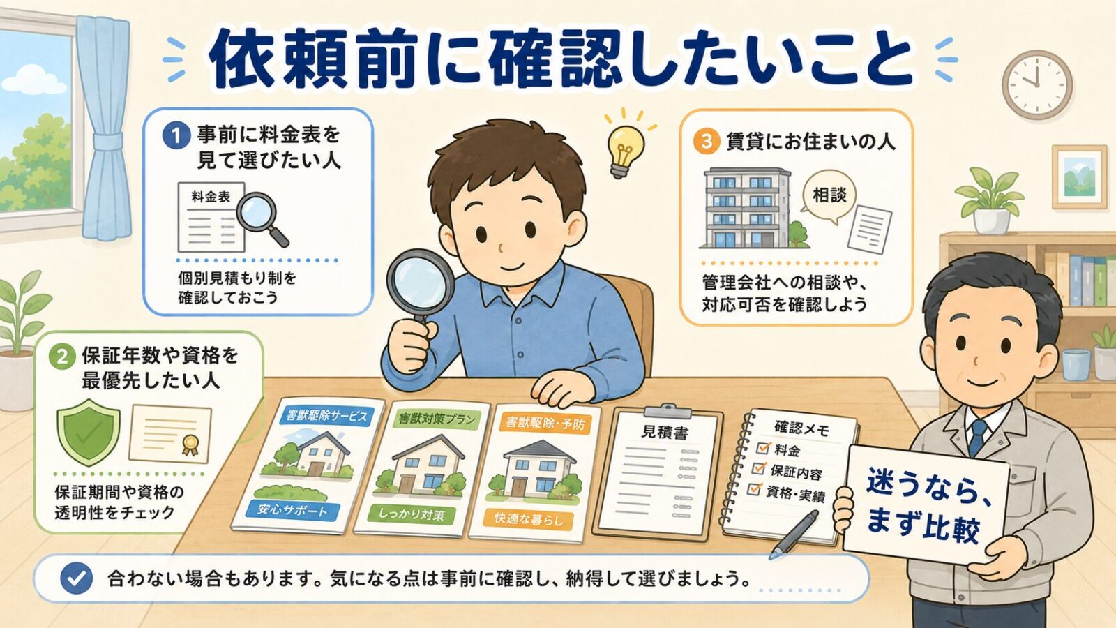 害獣プロガードが向いていない人と依頼前の注意点を示す図。家主が虫めがねで複数業者を見比べ、事前に料金表を見て選びたい人・保証年数や資格を最優先したい人・賃貸にお住まいの人の注意点と、迷うならまず比較という助言を示すいらすとや風イラスト。