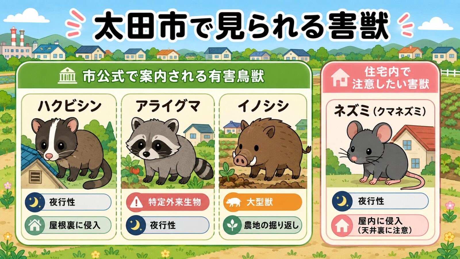 太田市で見られる害獣を整理した図。市公式で案内される有害鳥獣としてハクビシン(夜行性・屋根裏に侵入)・アライグマ(特定外来生物)・イノシシ(大型獣・農地の掘り返し)、住宅内で注意したい害獣として別枠でネズミ(クマネズミ・屋内に侵入)を示すいらすとや風イラスト。
