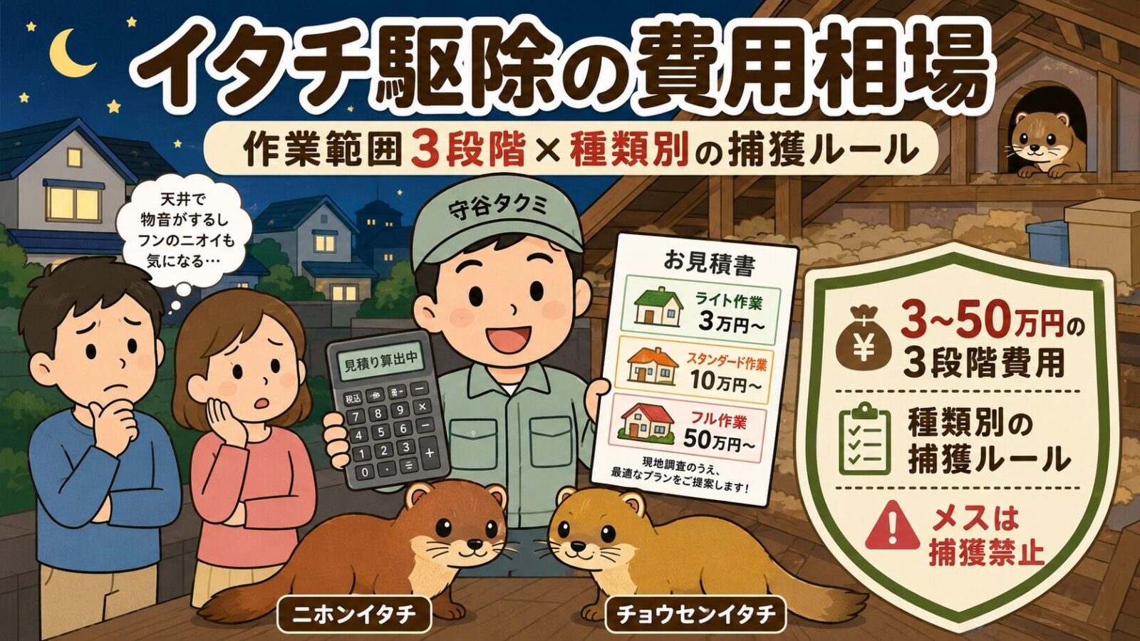 イタチ駆除の費用相場ガイド|作業範囲3段階×種類別の捕獲ルール記事のメインアイキャッチ。住宅街と屋根裏(夜中の場面)を背景に、イタチ被害に悩む夫婦と、中央で守谷タクミ(作業着姿のチビキャラ・点目)が計算機と見積書を持って「費用相場3段階」を整理している構図。手前にニホンイタチ(茶褐色)とチョウセンイタチ(黄褐色)の2匹を並べて「困った隣人」の印象で配置。シールド型アイコンに「3〜50万円の3段階費用」と「種類別の捕獲ルール(メスは狩猟対象外)」を明示。
