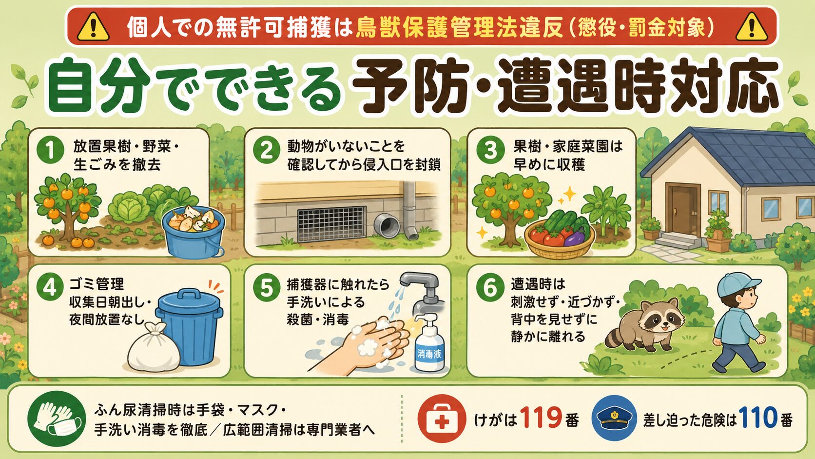 自分でできる害獣の予防・遭遇時対応。庭・畑・住宅断面図のイラストとアイコンで6要素を表現。①誘引源を断つ(放置果樹・野菜・生ごみの撤去)、②侵入口を塞ぐ(動物が残っていないことを確認後)、③ゴミ管理(収集日朝出し・夜間放置なし)、④果樹保護(ネット設置)、⑤捕獲器に触れたら手洗い消毒、⑥遭遇時は刺激せず・近づかず・背中を見せずに静かに離れる。「個人での無許可捕獲は鳥獣保護管理法違反(懲役・罰金対象)」の注意も配置。