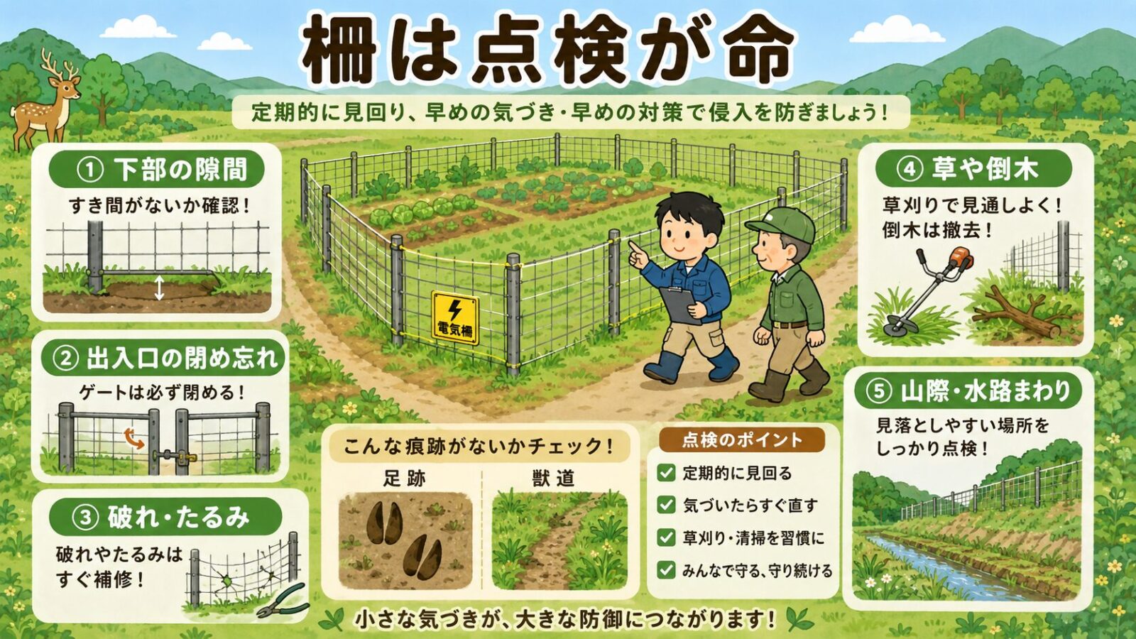 シカ対策の柵で点検したい、下部の隙間、出入口、破れやたるみ、草や倒木、山際や水路まわりを整理した図解