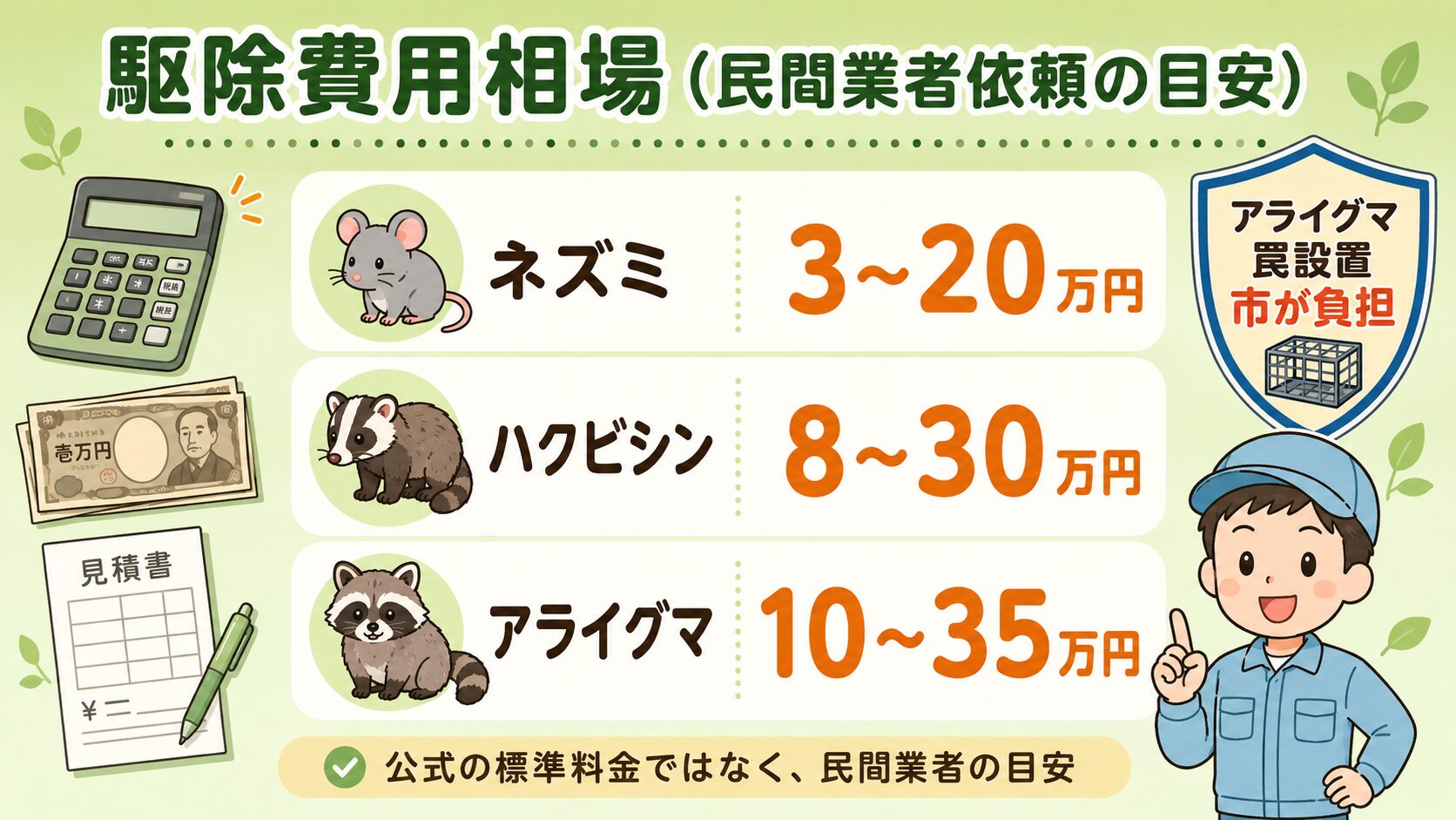 川口市の駆除費用相場(民間業者依頼の目安)。ネズミ3〜20万円・ハクビシン8〜30万円・アライグマ10〜35万円を電卓・1万円札・お見積書アイコンとともに視覚化。右上に「アライグマ罠設置 市が負担」のシールド、下部に「公式の標準料金ではなく、民間業者の目安」の注記。