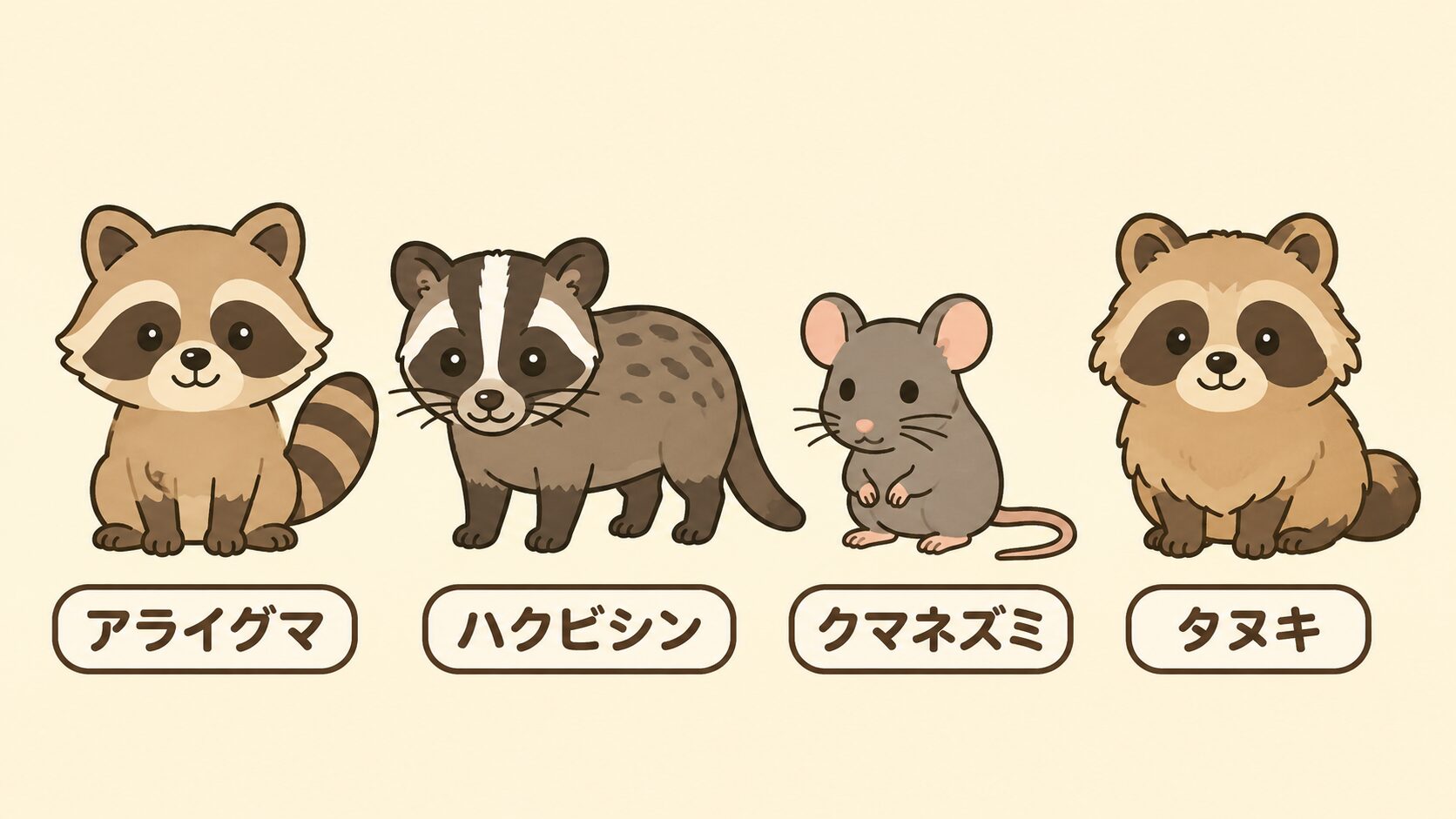町田市で多い害獣4種類(アライグマ・ハクビシン・クマネズミ・タヌキ)の見分け方をカード形式で並べたイラスト。目周りの黒い縞・額の白線・尻尾の特徴などをかわいいいらすとや風タッチで紹介する見分け方インフォグラフィック。