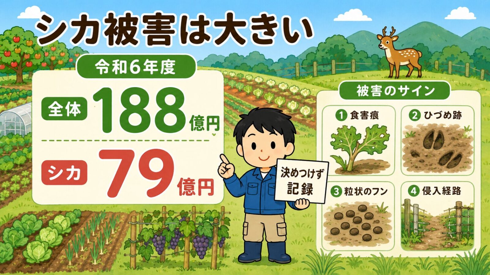 令和6年度の農作物被害額とシカ被害額、食害痕、ひづめ跡、フン、侵入経路などの被害サインを整理した図解