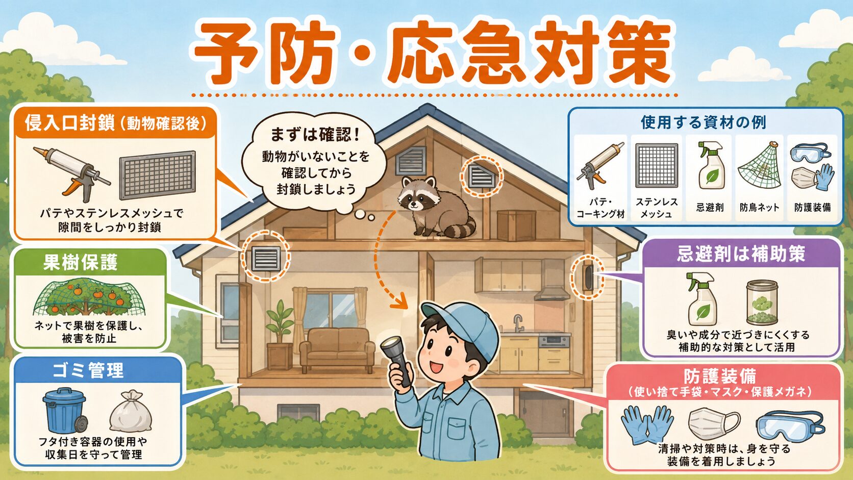 自分でできる予防・応急対策。「まずは確認!動物がいないことを確認してから封鎖しましょう」と明記した住宅断面図とアイコンで表現。侵入口封鎖(動物確認後)・果樹保護・ゴミ管理・忌避剤は補助策・防護装備(使い捨て手袋・マスク・保護メガネ)の5要素を配置し、使用する資材の例(パテ・コーキング材・ステンレスメッシュ・忌避剤・防鳥ネット・防護装備)も視覚化。