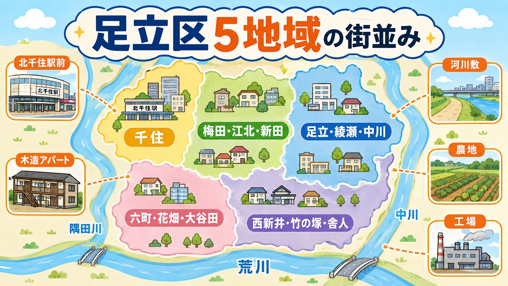 足立区5地域(千住/梅田・江北・新田/足立・綾瀬・中川/六町・花畑・大谷田/西新井・竹の塚・舎人)の街並み特性を地図イラストで表現。北千住駅前・木造アパート・河川敷・農地・工場などの代表アイコンを配置し、隅田川・荒川・中川と害獣の侵入経路の関係を視覚化したインフォグラフィック。