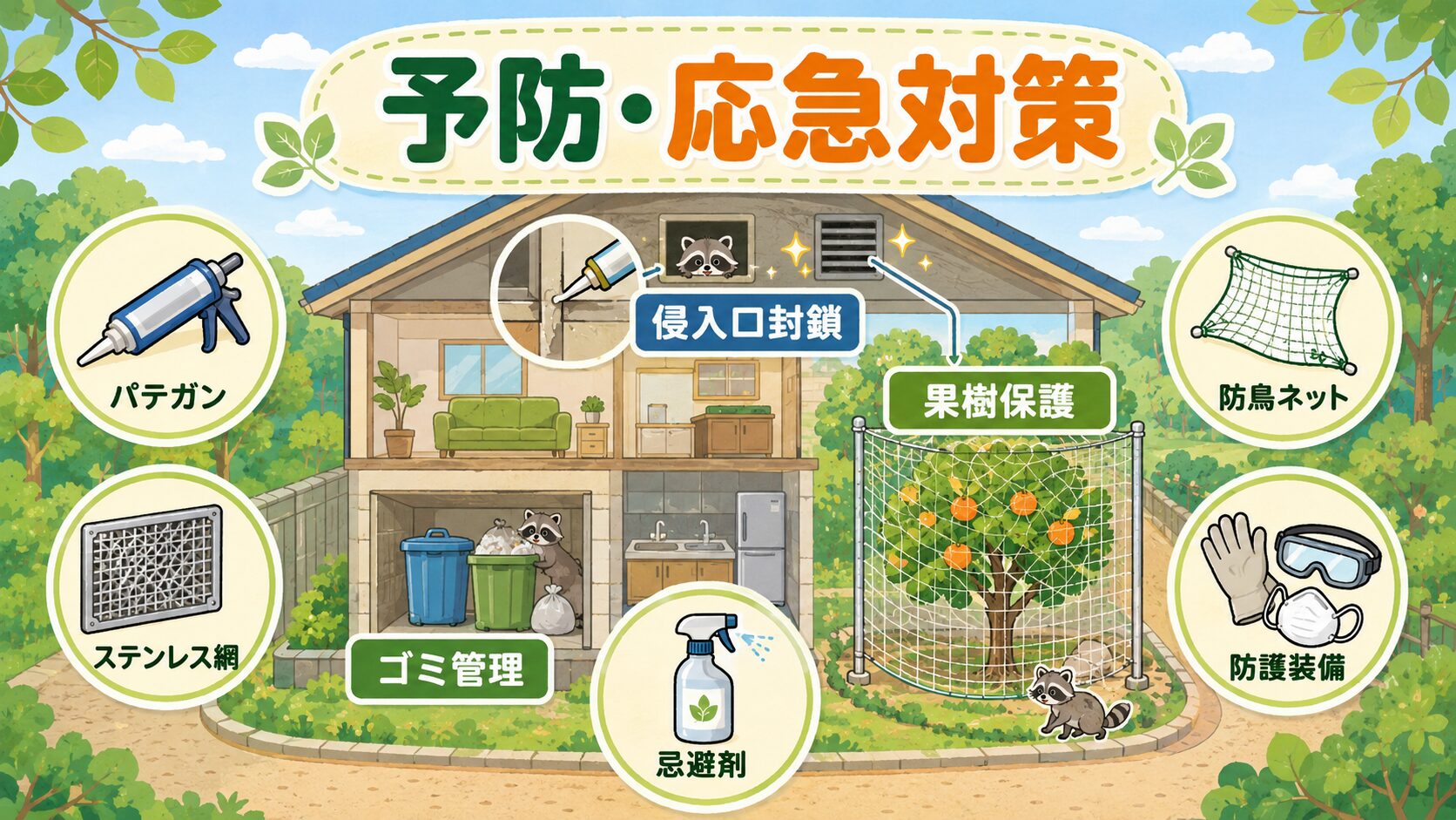 自分でできる害獣の予防・応急対策を住宅断面図とアイコンで表現。パテガン・ステンレス網・忌避剤・防鳥ネット・ゴミ管理・防護装備・侵入口封鎖・果樹保護の6要素を配置したインフォグラフィック。
