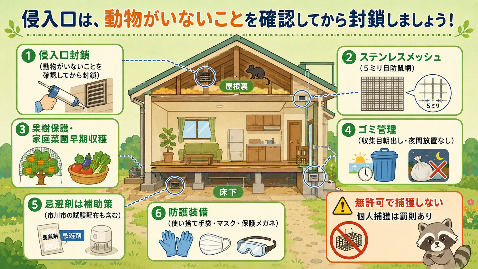 自分でできる予防・応急対策。「侵入口は、動物がいないことを確認してから封鎖しましょう!」と明示した住宅断面図とアイコンで表現。侵入口封鎖(動物確認後)・ステンレスメッシュ・果樹保護・ゴミ管理・忌避剤は補助策・防護装備(使い捨て手袋・マスク・保護メガネ)の6要素を配置。
