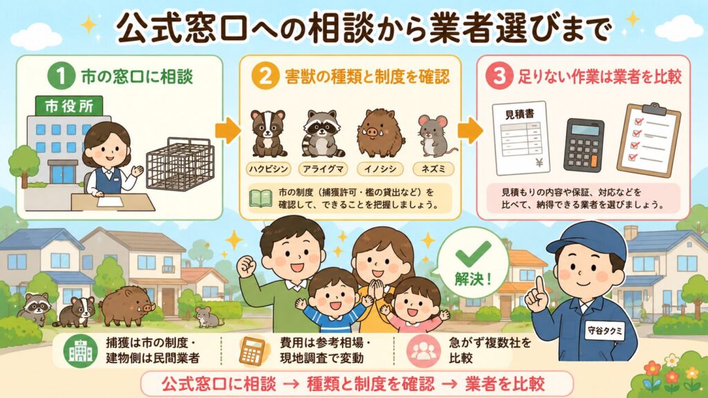 太田市の害獣駆除のまとめ図。公式窓口への相談から業者選びまでとして、市の窓口に相談・害獣の種類と制度を確認・足りない作業は業者を比較の3ステップと、捕獲は市の制度で建物側は民間業者・費用は参考相場で現地調査で変動・急がず複数社を比較という注意を、解決後の家族の笑顔とともに示すいらすとや風イラスト。