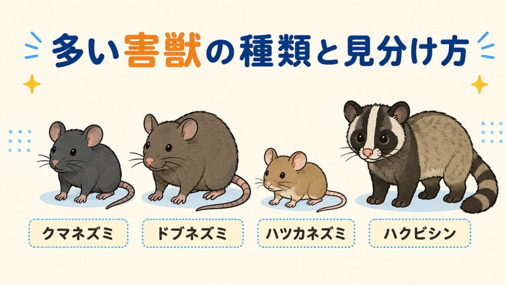 世田谷区で多い害獣の種類と見分け方。クマネズミ・ドブネズミ・ハツカネズミ・ハクビシンの4種類のキャラクターを横並びで描き、それぞれ日本語ラベルで明示。可愛らしいいらすとや風タッチでサイズや特徴の違いを比較できるインフォグラフィック。