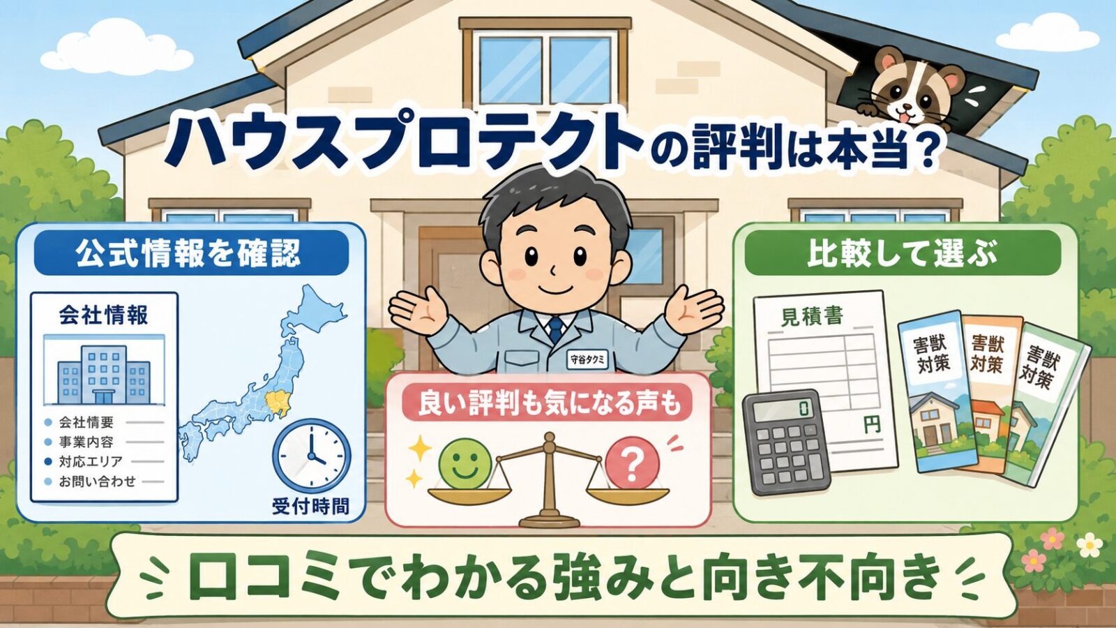ハウスプロテクトの評判は本当かを解説するメイン画像。一軒家を背景に作業着姿の守谷タクミが、公式情報を確認・良い評判も気になる声も・比較して選ぶという3つの軸を案内するいらすとや風イラスト。屋根のすき間からキュートな害獣が顔をのぞかせている。