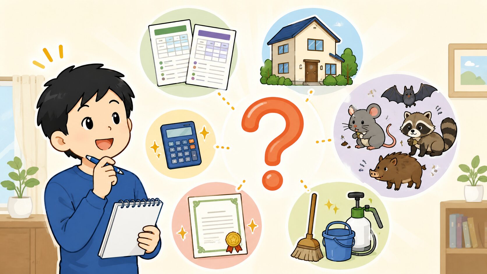 害獣駆除の料金相場についてよくある質問を、見積書や住宅のアイコンとともに整理したH2画像