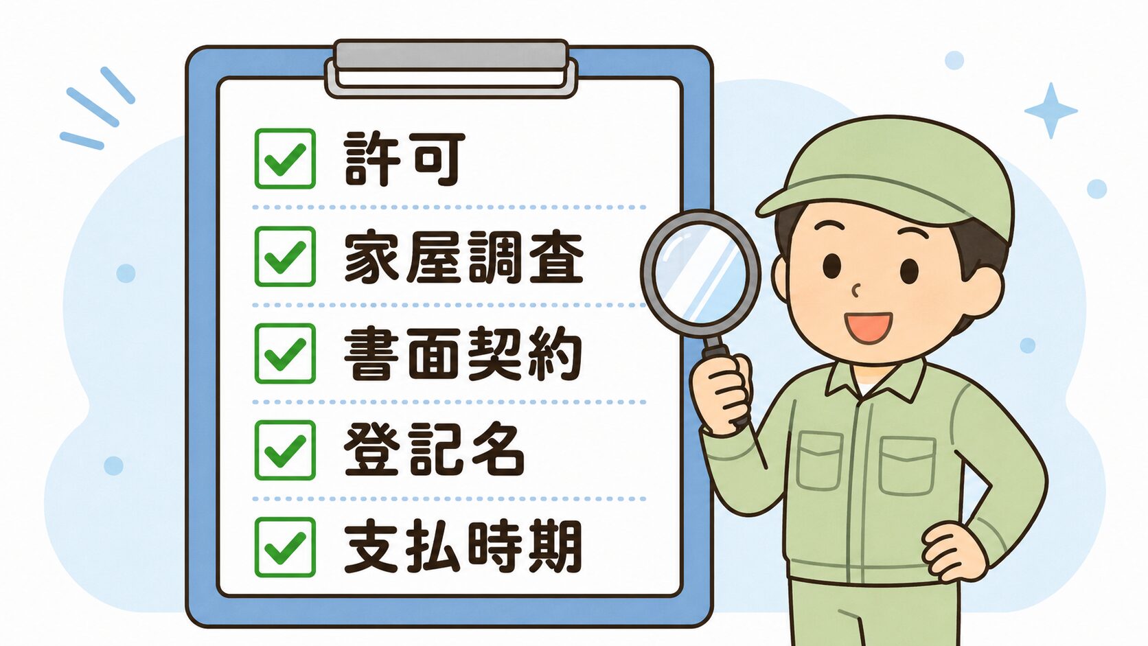 町田市での失敗しない業者選び5つのチェックポイント(許可・家屋調査・書面契約・登記名・支払時期)をクリップボード形式で表現したインフォグラフィック。緑のチェックマーク付きで虫眼鏡を持つ作業着男性キャラクターと併記。
