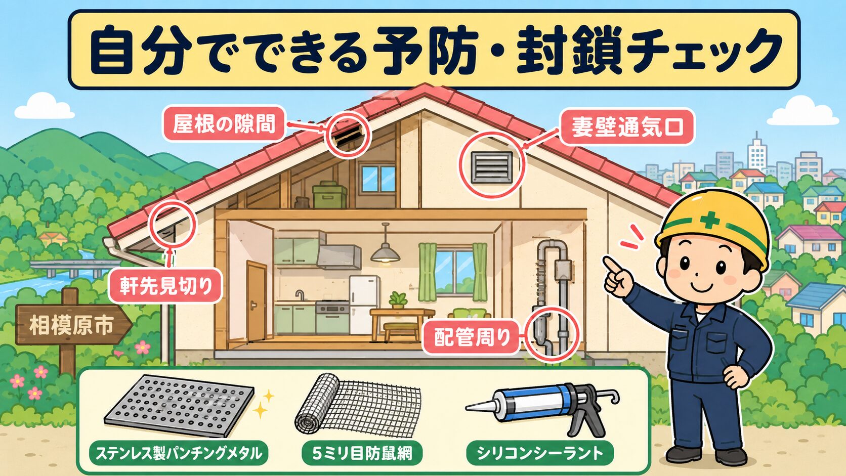 自分でできる害獣予防・応急対策を、いらすとや風の作業着男性が住宅の屋根隙間・換気口・配管周りを点検しているイラストで表現。各侵入経路に赤い丸印とラベル付きで、相模原市の山林と住宅地を背景にした親しみやすいデザイン。