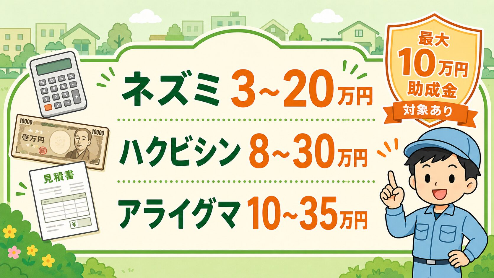 足立区の害獣駆除費用相場と最大10万円助成金を示した図解。ネズミ3〜20万円・ハクビシン8〜30万円・アライグマ10〜35万円の3種類を電卓・1万円札・お見積書アイコンとともに視覚化。右上に「最大10万円助成金 対象あり」のオレンジ色シールドアイコンを配置。