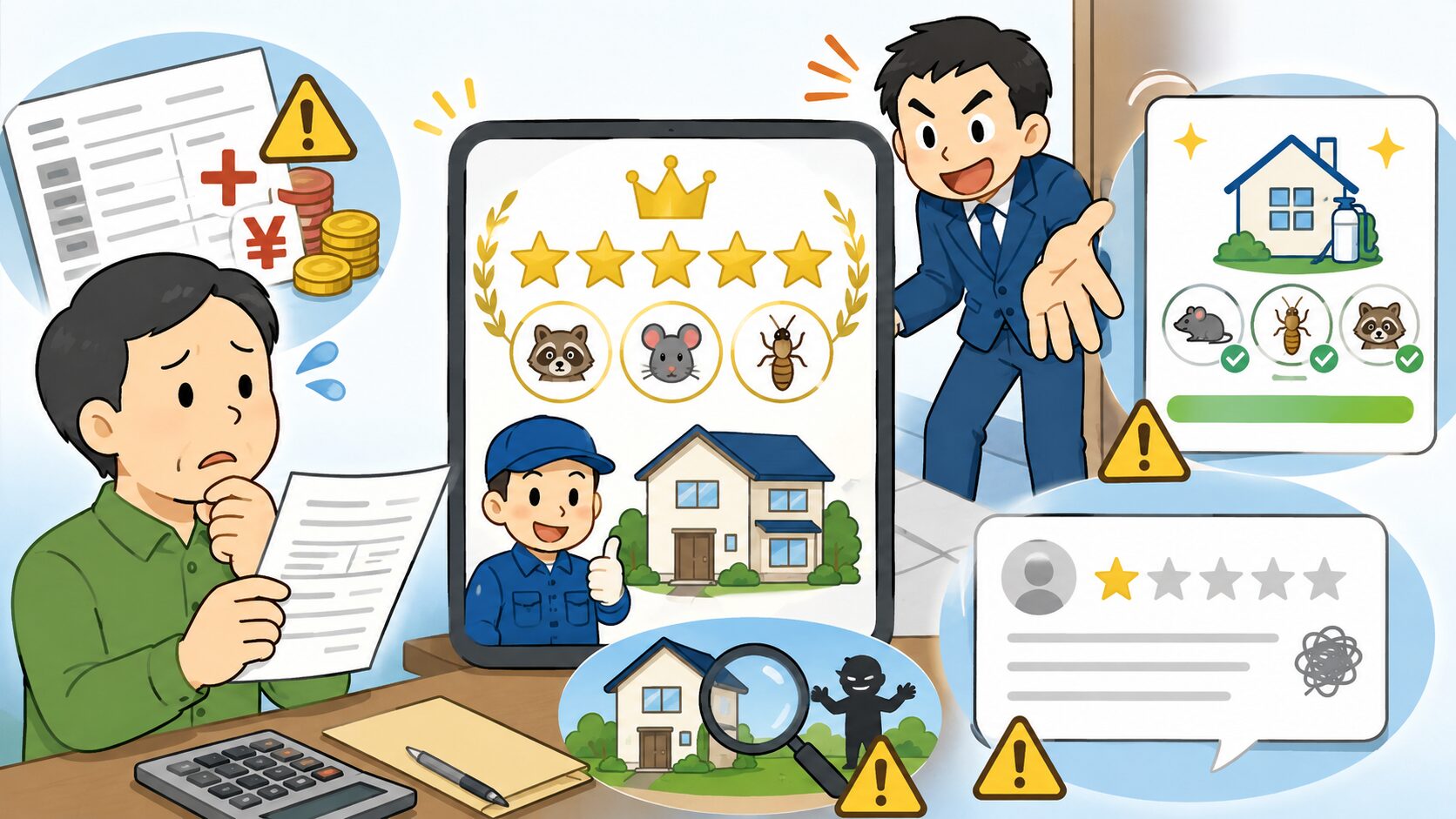 ランキング上位でも注意が必要な業者の特徴を見極めるために、見積書や営業対応の違和感を確認している様子を表したH2画像。