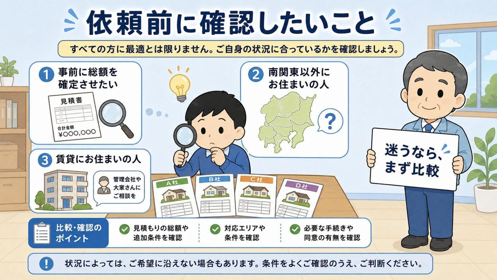 ペスコンProが向いていない人と依頼前の注意点を示す図。家主が虫めがねで複数業者を見比べ、事前に総額を確定させたい人・南関東以外にお住まいの人・賃貸にお住まいの人の注意点と、迷うならまず比較という助言を示すいらすとや風イラスト。