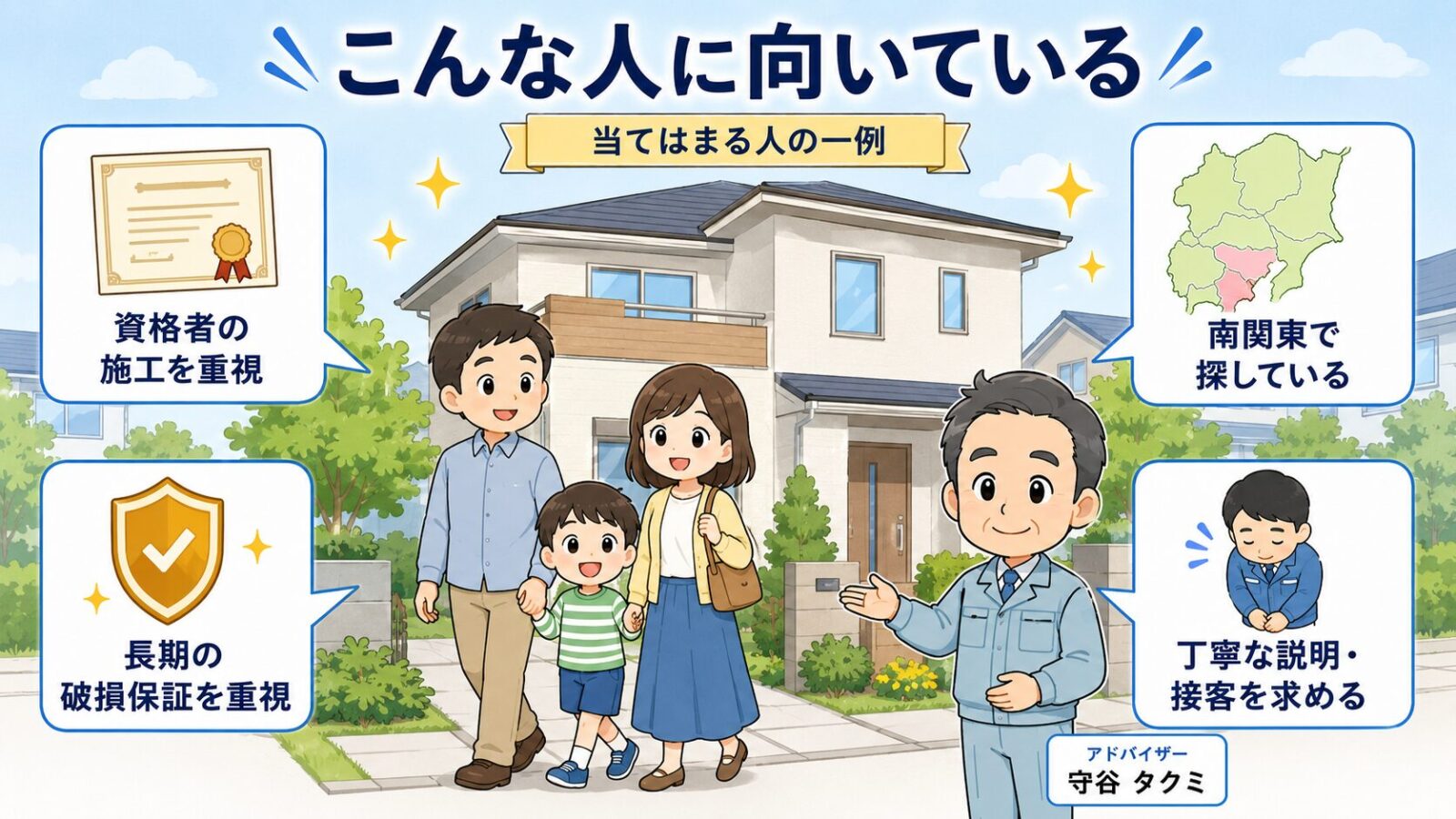 ペスコンProが向いている人を示す図。被害が解決した家の前で笑顔の家族と守谷タクミが、資格者の施工を重視・南関東で探している・長期の破損保証を重視・丁寧な説明や接客を求める人に向くという例を示すいらすとや風イラスト。