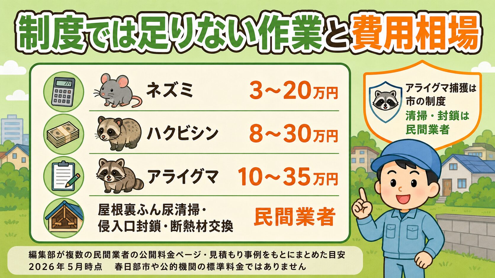 春日部市で害獣被害対策にかかる費用参考例を視覚化。ネズミ駆除・ハクビシン駆除・アライグマ駆除・屋根裏清掃や侵入口封鎖の4カテゴリを電卓・札・見積書アイコンとともに表示。右上に「アライグマ捕獲はリサイクル衛生課の制度/清掃・封鎖は民間業者」のシールド型アイコン。下部に「編集部が複数の民間業者の公開料金ページ・見積もり事例をもとにまとめた目安(2026年5月時点)・春日部市や公的機関の標準料金ではありません」の注記。