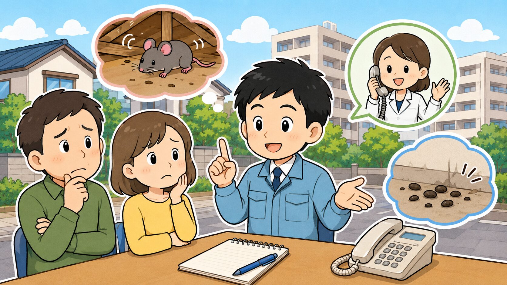 大宮区でネズミ被害に気づいたとき、相談メモと電話を前に保健所相談の流れを整理しているイメージ