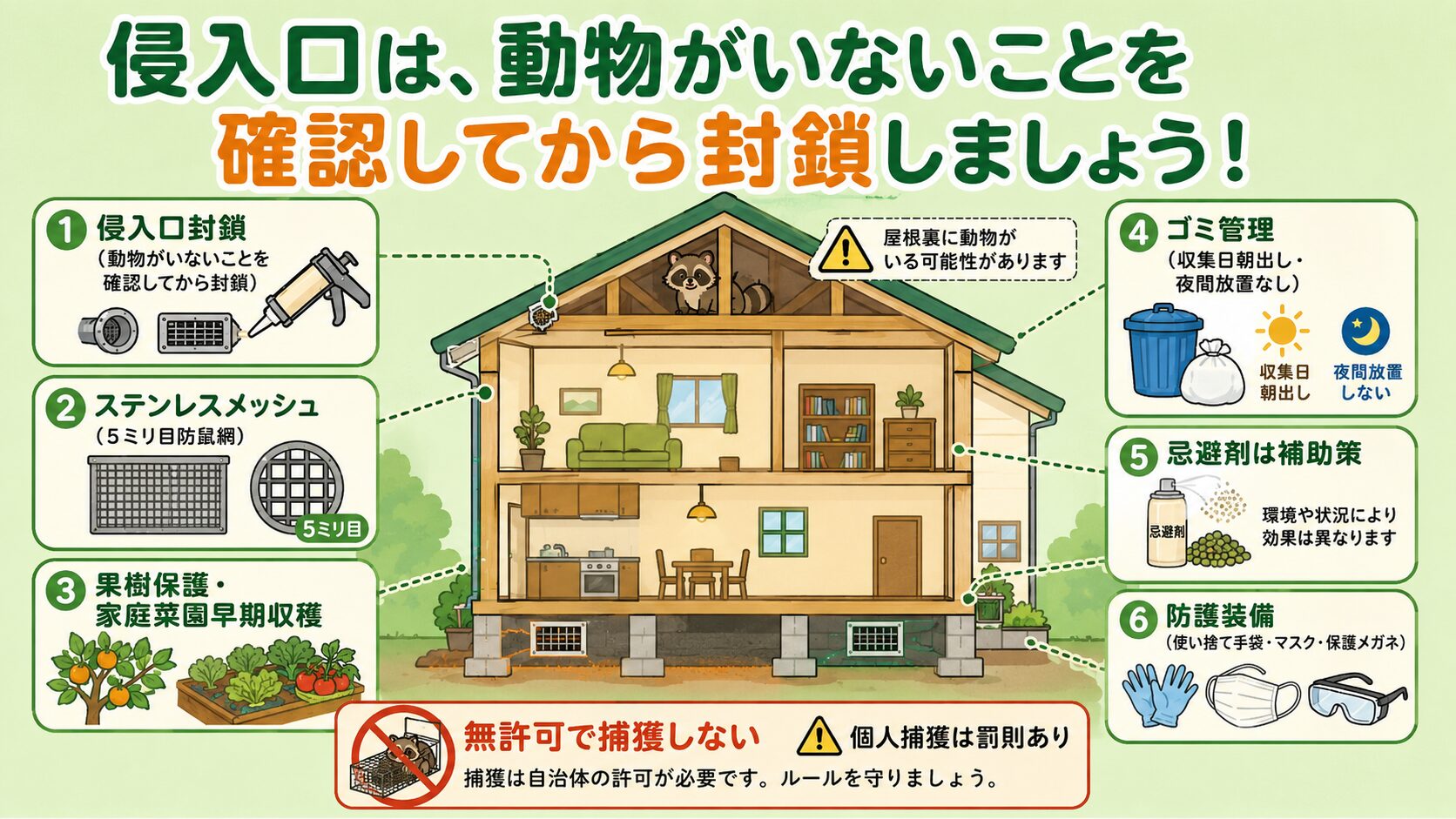 自分でできる予防・応急対策。「侵入口は、動物がいないことを確認してから封鎖しましょう!」と明示した住宅断面図とアイコンで表現。侵入口封鎖(動物確認後)・ステンレスメッシュ・果樹保護・ゴミ管理・忌避剤は補助策・防護装備(使い捨て手袋・マスク・保護メガネ)の6要素を配置。