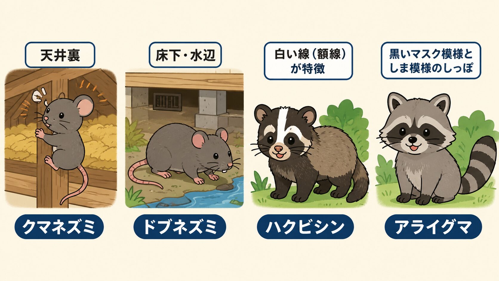 足立区で多い害獣4種類(クマネズミ・ドブネズミ・ハクビシン・アライグマ)の見分け方をカード形式で並べたイラスト。クマネズミは天井裏で垂直行動、ドブネズミは床下・水辺、ハクビシンは額の白線、アライグマは目周りの黒い縞と尾の縞模様を併記。