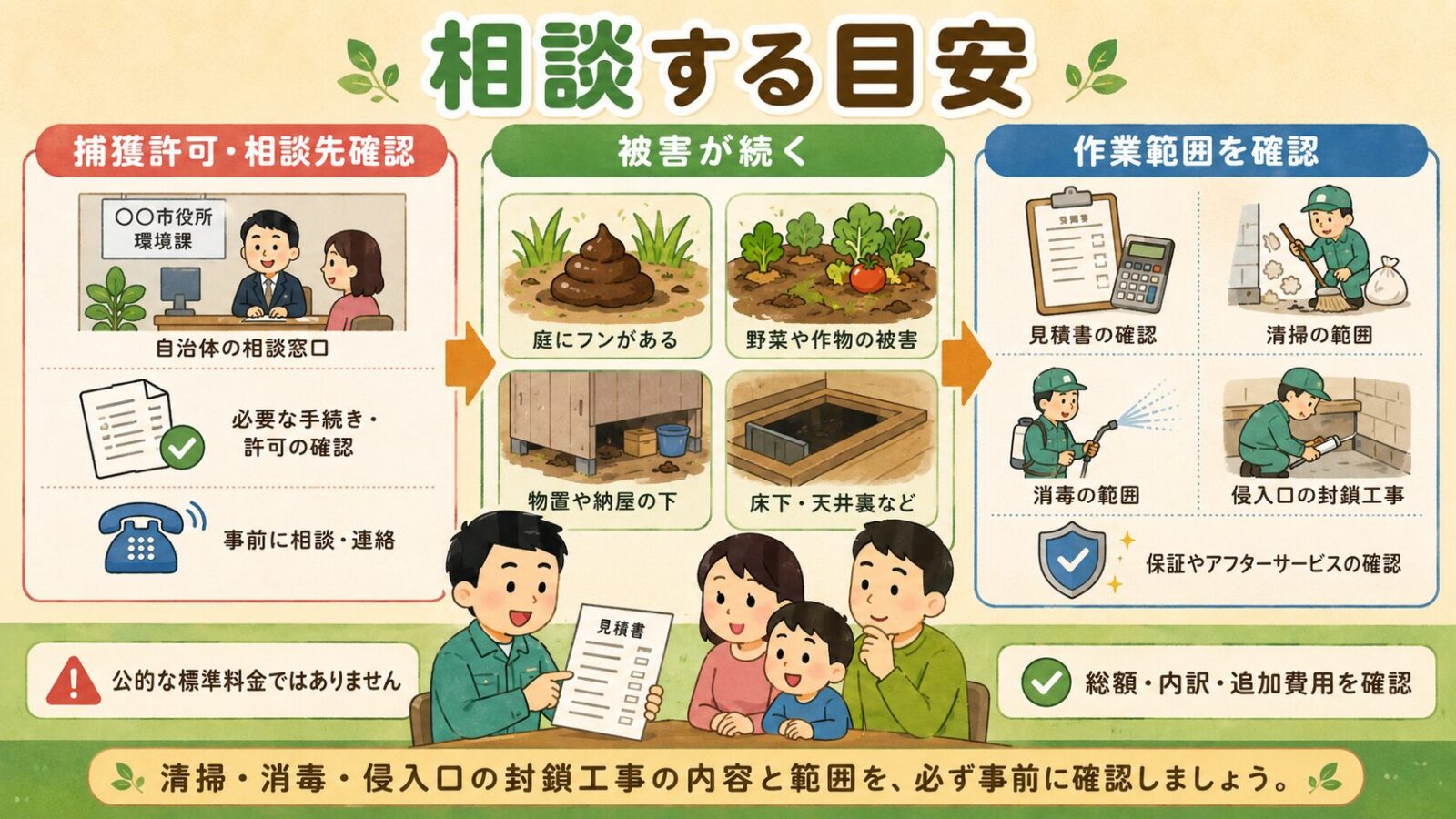 タヌキの庭被害で自治体や業者へ相談した方がよいケースを、被害継続、ふん清掃、封鎖工事、見積書確認で整理した図解