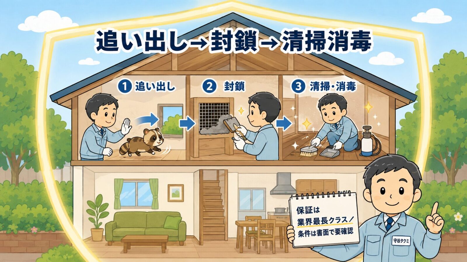 ハウスプロテクトの一貫施工と保証を示す図。一軒家の断面図で、害獣をやさしく追い出し→侵入口を封鎖→屋根裏を清掃消毒する3工程を表し、保証は業界最長クラスで条件は書面で要確認と守谷タクミが説明するいらすとや風イラスト。
