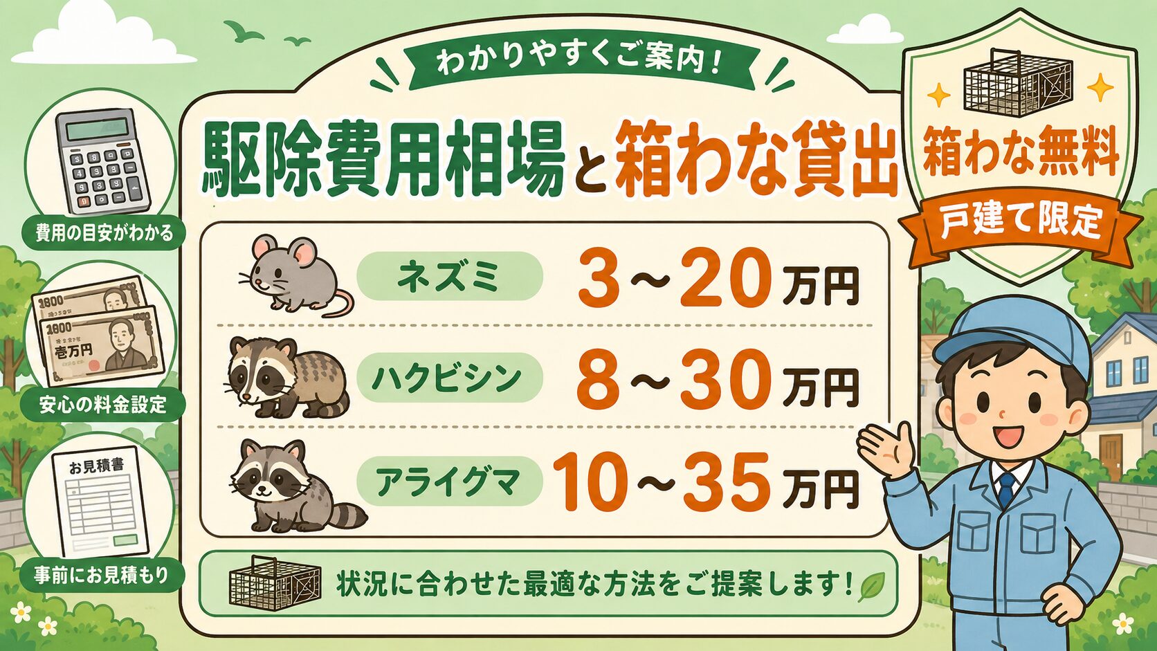 越谷市の害獣駆除費用相場と箱わな貸出制度を示した図解。ネズミ3〜20万円・ハクビシン8〜30万円・アライグマ10〜35万円の3種類を電卓・1万円札・お見積書アイコンとともに視覚化。作業着男性キャラクター付きで「わかりやすくご案内」をテーマにしたインフォグラフィック。