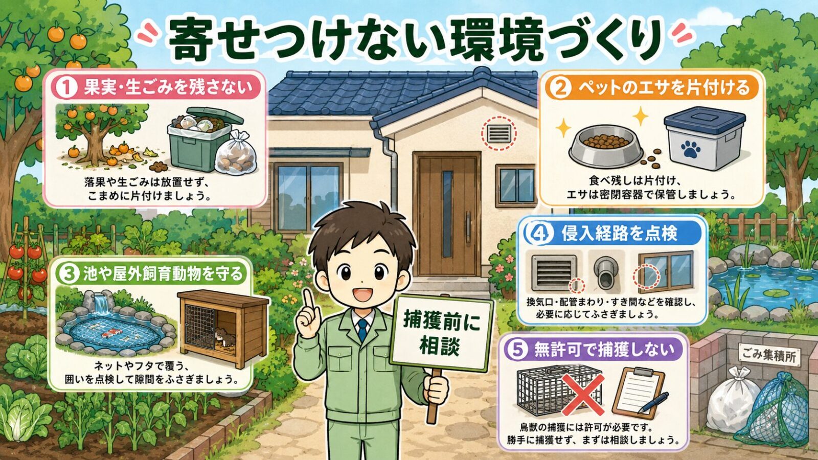 調布市のアライグマ・ハクビシン対策で自分でできる予防と応急対策を、餌を残さない、侵入経路点検、無許可捕獲しないで整理した図解