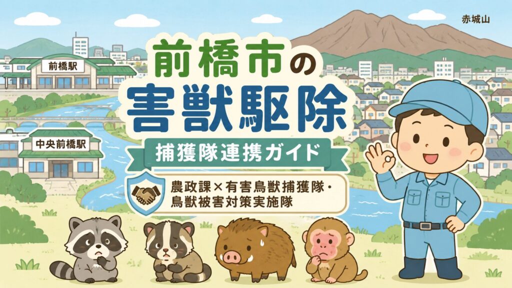 前橋市の害獣駆除を進めるための公式窓口・有害鳥獣捕獲隊・鳥獣被害対策実施隊との連携の総まとめ図解。経済部 農政部 農政課 有害鳥獣対策係（027-225-7105・大胡支所内）が窓口。市職員がすべての駆除を直接行わず、前橋市有害鳥獣捕獲隊・前橋市鳥獣被害対策実施隊や市の許可を受けた者と連携して対応する仕組みを視覚化。