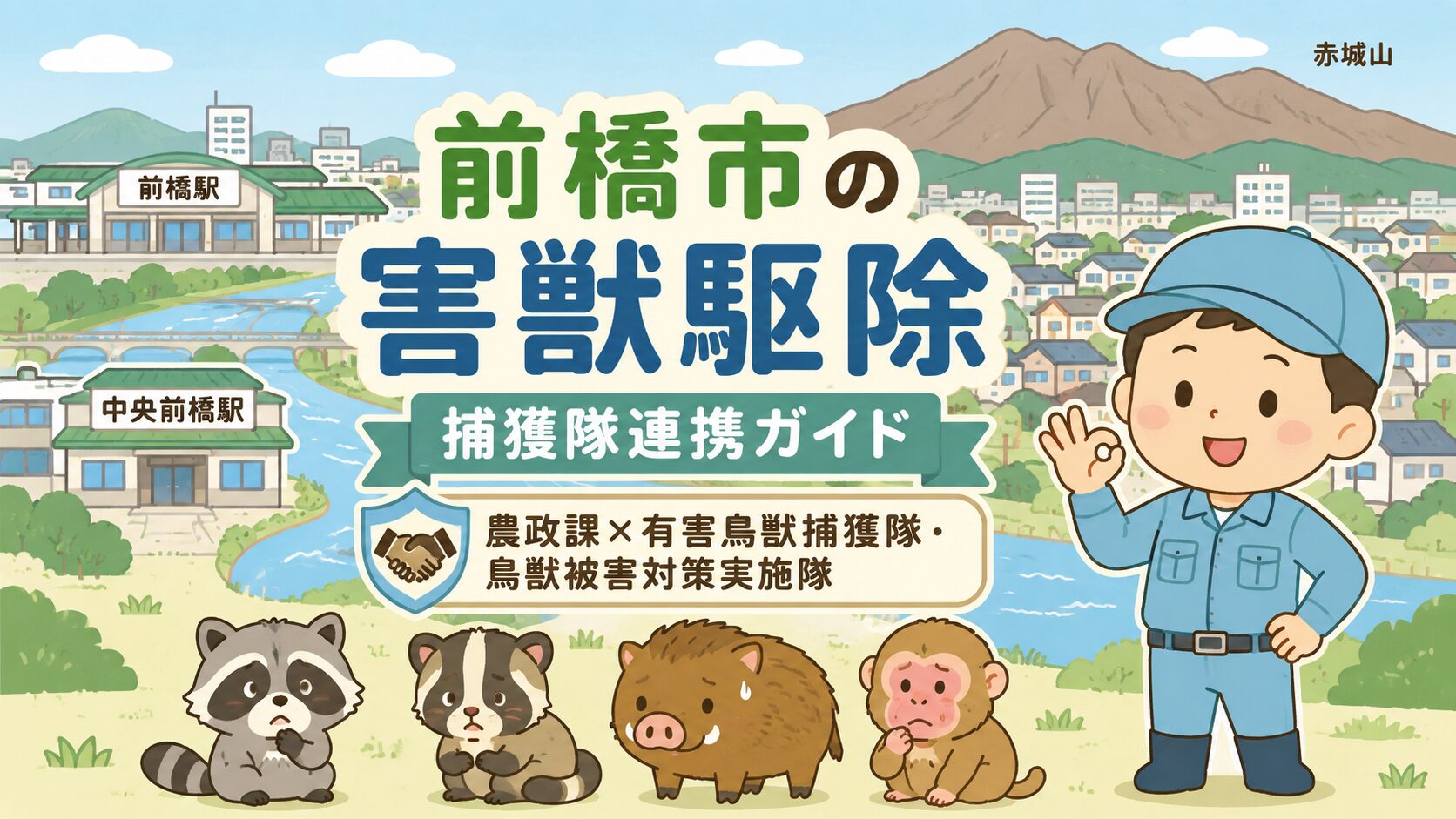 前橋市の害獣駆除を進めるための公式窓口・有害鳥獣捕獲隊・鳥獣被害対策実施隊との連携の総まとめ図解。経済部 農政部 農政課 有害鳥獣対策係(027-225-7105・大胡支所内)が窓口。市職員がすべての駆除を直接行わず、前橋市有害鳥獣捕獲隊・前橋市鳥獣被害対策実施隊や市の許可を受けた者と連携して対応する仕組みを視覚化。