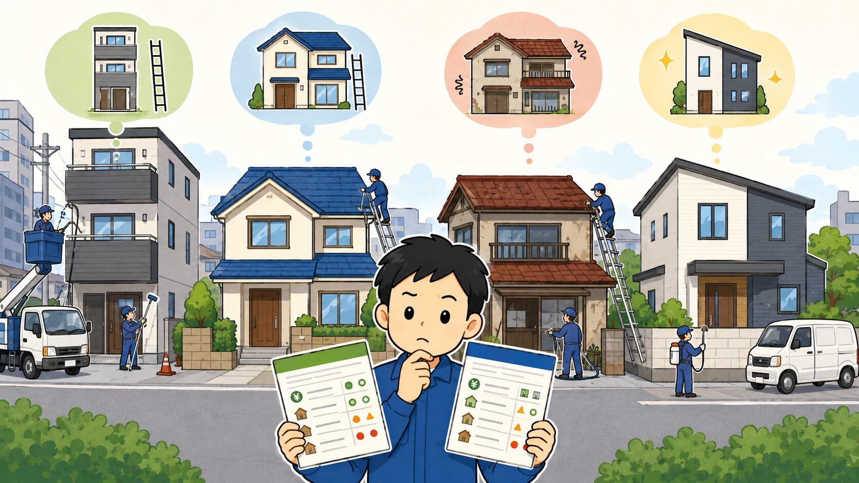 都市部と郊外、築古住宅と新しい住宅など地域差と建物条件で費用が変わる様子を図解したH2画像