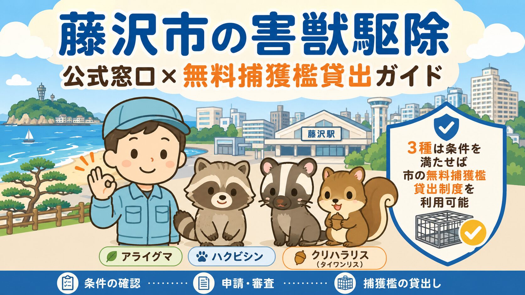 藤沢市害獣駆除のメインアイキャッチ。アライグマ・ハクビシン・クリハラリス(タイワンリス)と藤沢市の街並み、3種は条件を満たせば市の無料捕獲檻貸出制度を利用可能な体制を表現したいらすとや風イラスト。