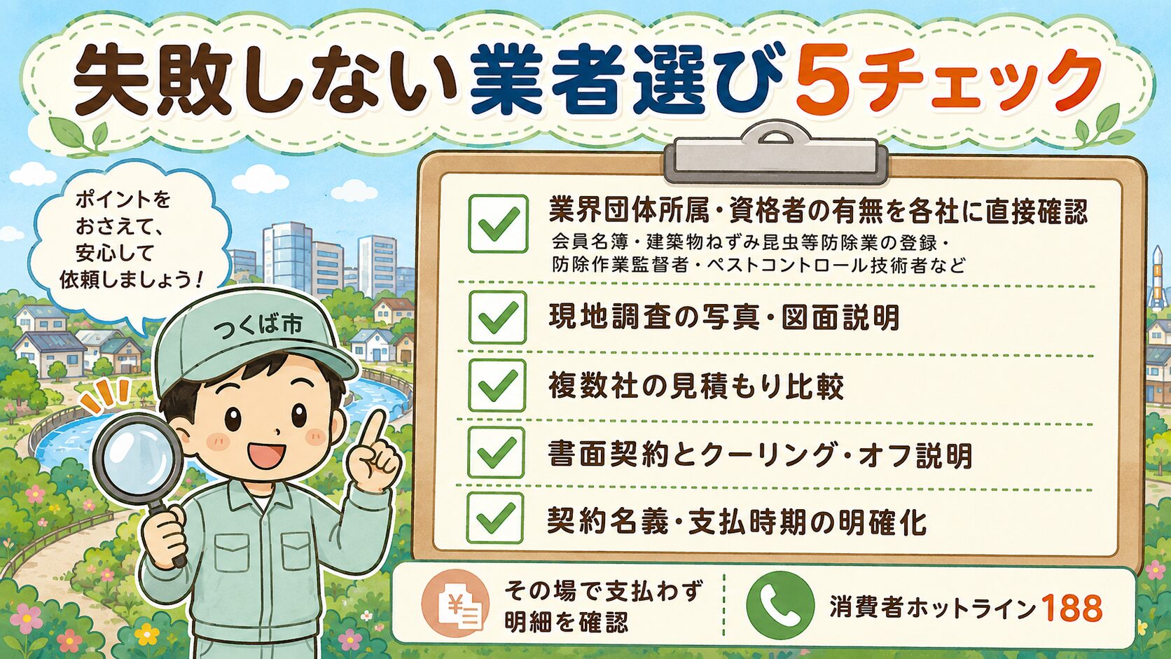 つくば市での失敗しない業者選び5チェック(判断材料の一つ)。日本ペストコントロール協会等の業界団体所属の確認・現地調査(写真・図面で説明)・複数社の見積もり比較・書面契約とクーリング・オフ説明・契約名義・支払時期の明確化の5項目をクリップボード形式で表現。緑のチェックマーク付きで虫眼鏡を持つ作業着男性キャラクターと併記。