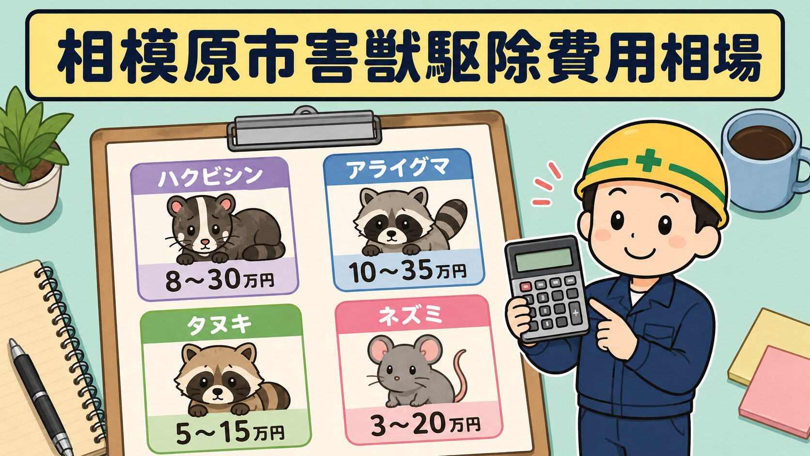 相模原市の害獣駆除費用相場をクリップボードと電卓で示したインフォグラフィック。ハクビシン8〜30万円、アライグマ10〜35万円のカード形式で表示され、屋根裏点検中の害獣キャラクターと作業員が並ぶいらすとや風デザイン。