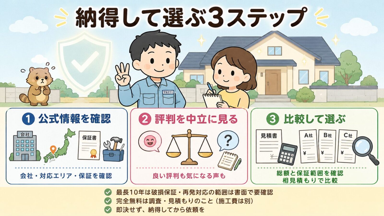 害獣プロテックのまとめ図。納得して選ぶ3ステップとして、公式情報を確認・評判を中立に見る・比較して選ぶの3つと、最長10年は破損保証で再発対応は書面要確認・完全無料は調査見積もりのこと施工費は別・即決せず納得してから依頼をという注意を守谷タクミと家主が示すいらすとや風イラスト。