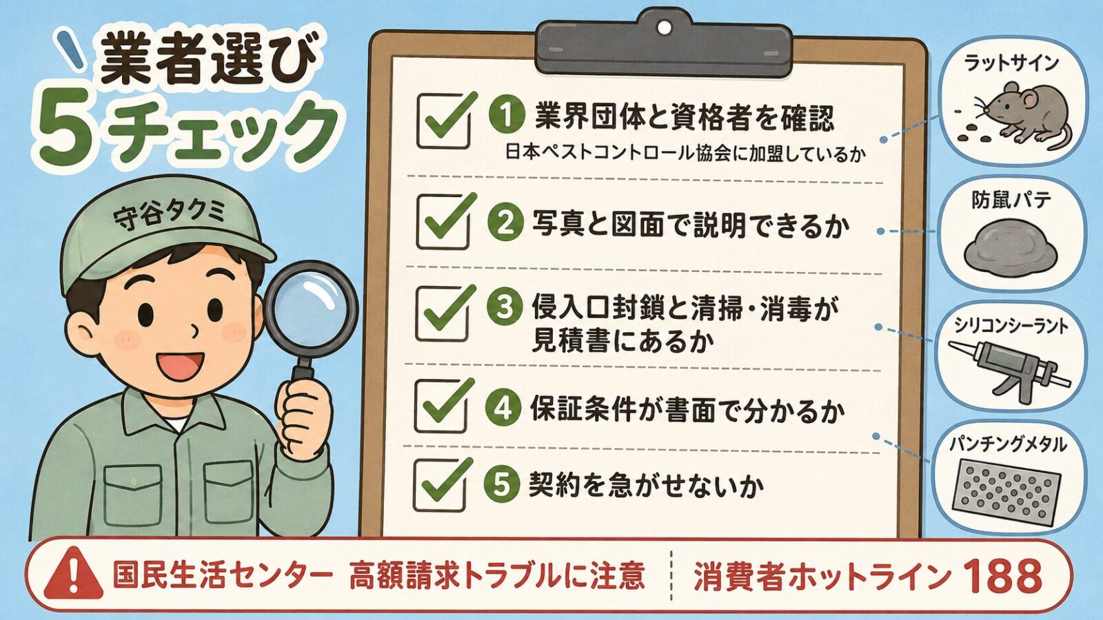 失敗しない業者選び｜5つのチェックポイント。<br><br>クリップボードに5つのチェック項目を緑のチェックマーク付きで列挙：①業界団体所属・資格者・登録の有無を直接確認（公益社団法人 日本ペストコントロール協会の会員／防除作業監督者／建築物ねずみ昆虫等防除業の登録／ただし所属・資格だけで品質や料金は自動保証されない）／②現地調査の写真・図面で侵入口・足跡・糞・獣毛・断熱材汚染・天井シミを具体的に説明できるか／③侵入口封鎖と清掃・消毒の作業範囲・材料・薬剤が見積書に出るか／④保証条件（民間業者は期間幅あり・対象範囲が同じ侵入口のみ／建物全体／清掃含むのどれかを確認）／⑤契約を急がせないか（訪問販売該当時は書面受領8日以内のクーリング・オフ）。<br><br>虫眼鏡を持つ作業着男性キャラクター。<br><br>下部に「国民生活センターはネット表示と実際の請求額が大きく異なる高額請求トラブルに注意喚起／消費者ホットライン188」の注記。<br><br>パステルブルー背景。
