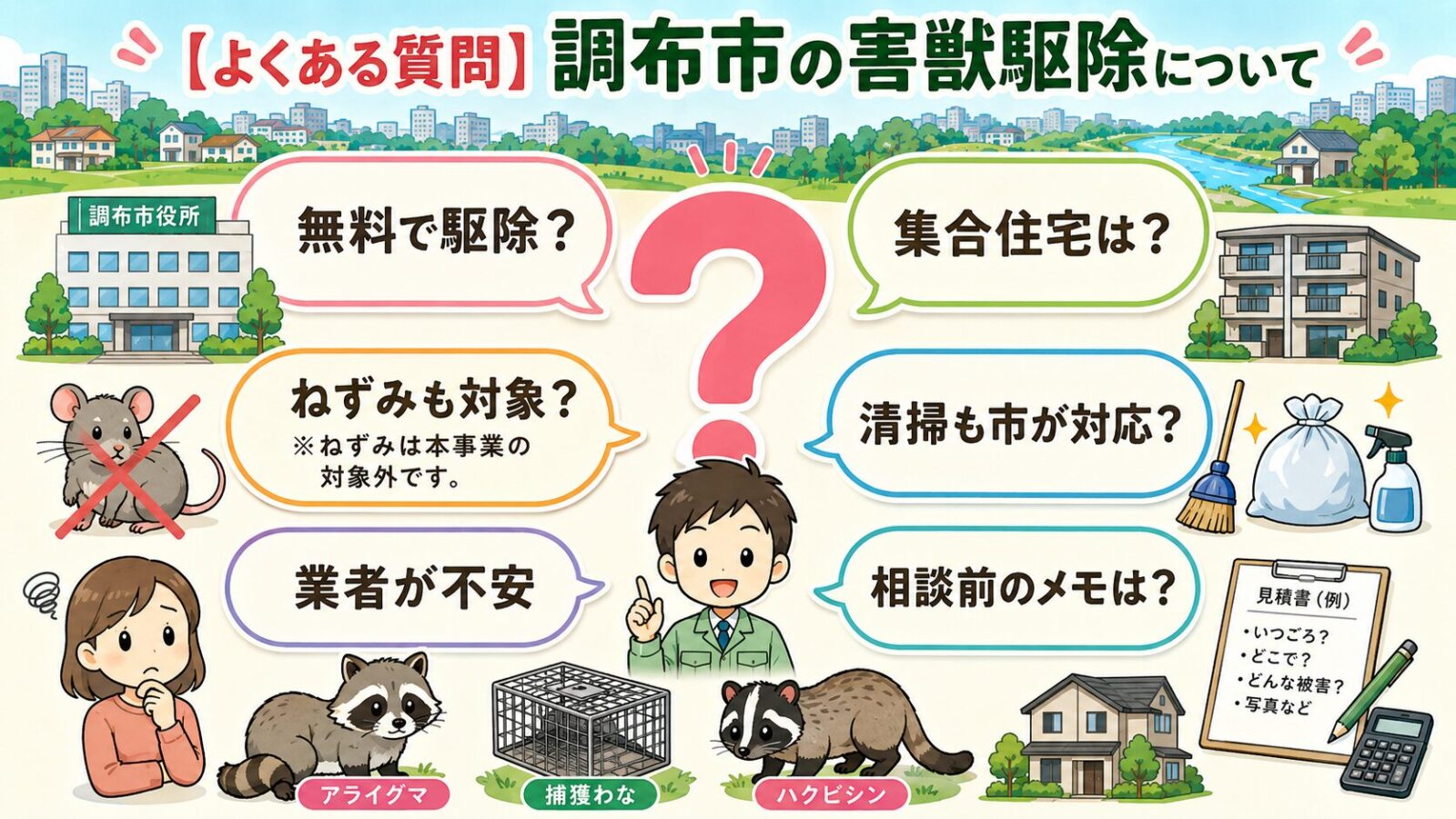 調布市の害獣駆除でよくある質問を、無料駆除、集合住宅、ねずみ、清掃、業者不安、相談前のメモで整理した図解