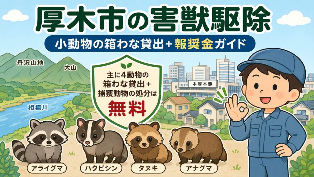 厚木市の害獣駆除を解説するアイキャッチ画像。丹沢山地（大山）・相模川・厚木市の住宅地を背景に、守谷タクミ（作業着姿のチビキャラ・点目）がOKサインを出している。アライグマ・ハクビシン・タヌキ・アナグマの4動物が箱わな貸出対象であることをシールド型アイコンで強調し、「厚木市の害獣駆除：小動物の箱わな貸出＋報奨金ガイド」のテキストを配置。