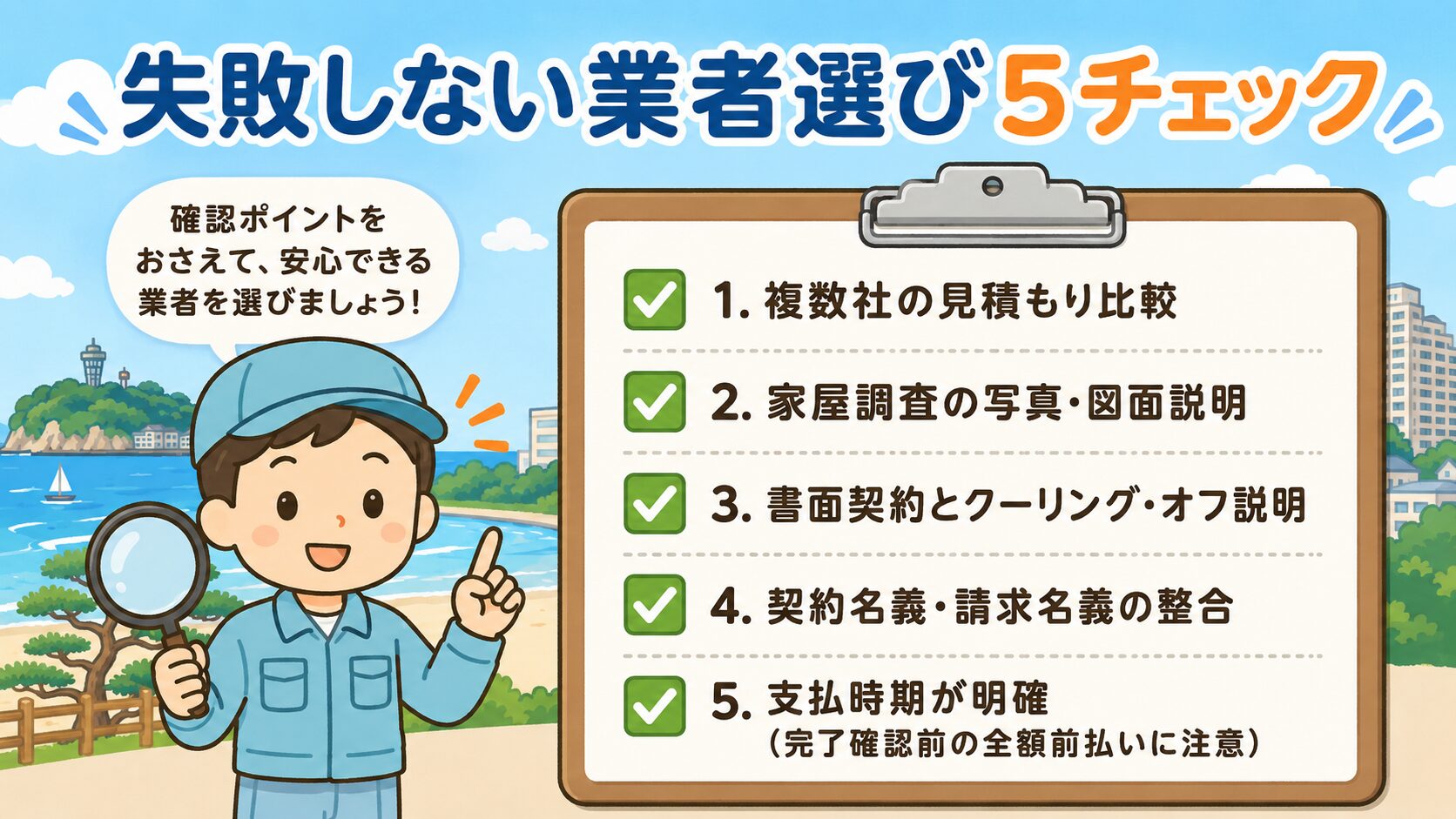 藤沢市での失敗しない業者選び5チェック(判断材料の一つ)。複数見積もり・家屋調査(写真・図面で説明)・書面契約・クーリング・オフ説明・契約名義・請求名義の整合・支払時期が明確の5項目をクリップボード形式で表現。緑のチェックマーク付きで虫眼鏡を持つ作業着男性キャラクターと併記。