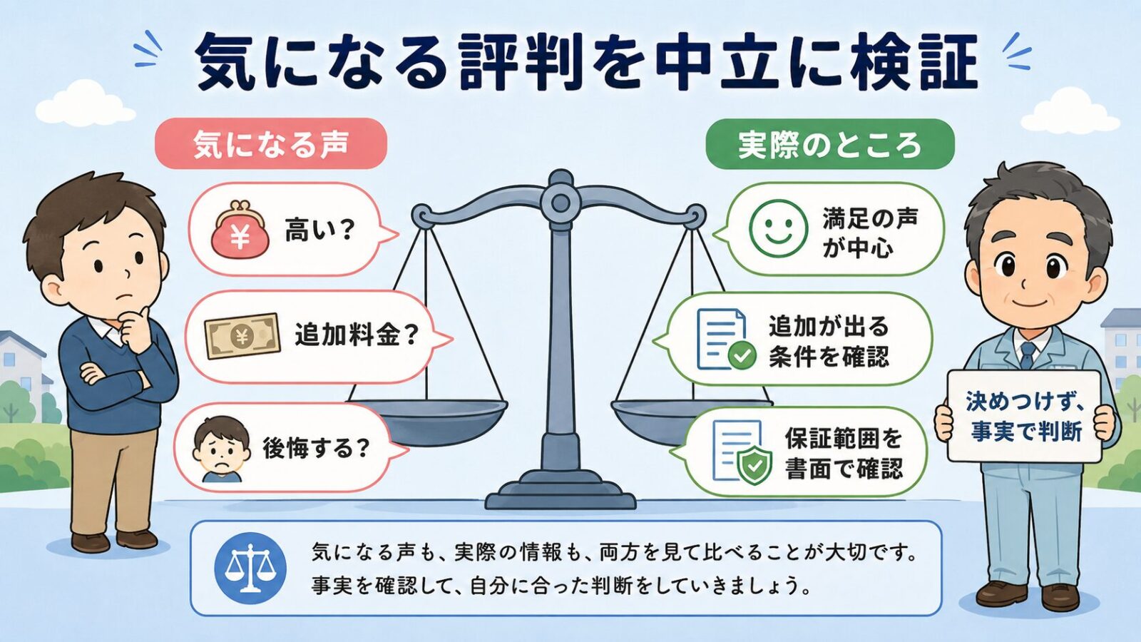 ペスコンProの気になる評判を中立に検証する図。天秤の左に高い・追加料金・後悔という気になる声、右に満足の声が中心・追加が出る条件を確認・保証範囲を書面で確認を乗せ、決めつけず事実で判断すると示すいらすとや風イラスト。