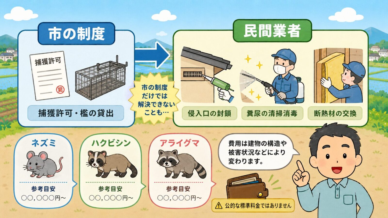 小山市で市の制度だけでは完結しない作業と費用相場を示す図。市の制度(捕獲許可・檻の貸出)と民間業者(侵入口の封鎖・糞尿の清掃消毒・断熱材の交換)の役割分担を矢印でつなぎ、費用は民間業者に依頼する場合の参考相場で公的な標準料金ではないと注記するいらすとや風イラスト。