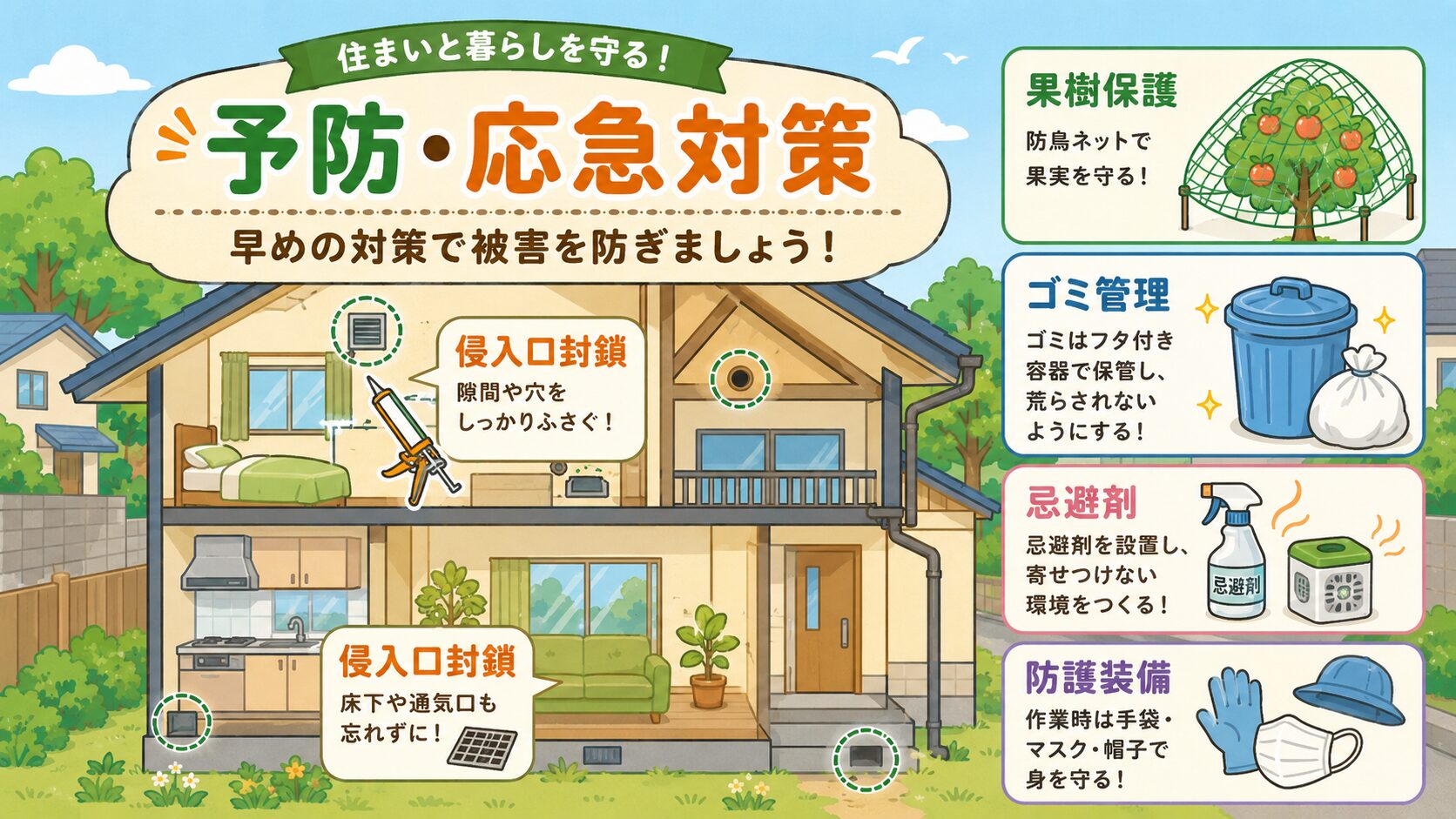 自分でできる予防・応急対策を住宅断面図とアイコンで表現。侵入口封鎖(コーキング・換気口)・果樹保護(防鳥ネット)・ゴミ管理(フタ付き容器)・忌避剤・防護装備(手袋・マスク・帽子)の5要素を配置したインフォグラフィック。