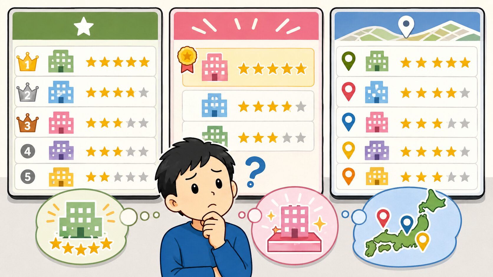 ランキング記事ごとに順位が違って見える理由を、評価基準や広告条件、地域差の観点からイメージ化したH2画像。